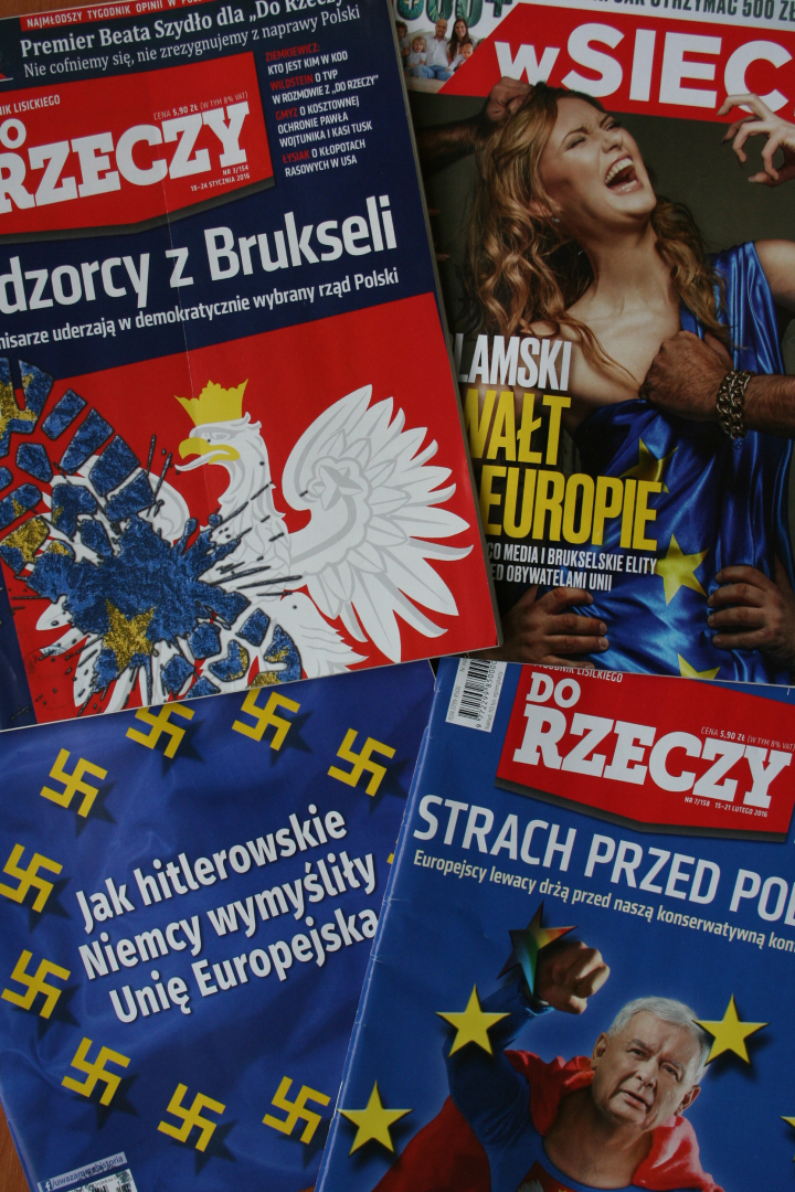 Abb. 3 Europa als Feind und Gefahr, o.l. „Do rzeczy“ 2016 Nr. 3, o.r. „W sieci“ 2016 Nr. 7, u.l. „Uważam Rze historia“ 2015 Nr. 11, u.r. „Do rzeczy” 2016 Nr. 7. Mit freundlicher Genehmigung von Magdalena Saryusz-Wolska.