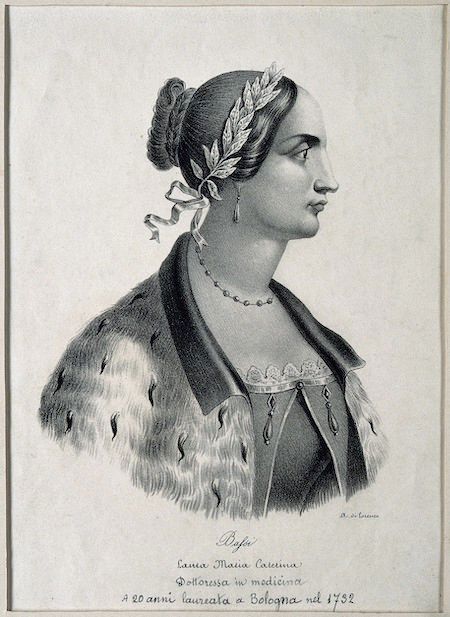 Laura Maria Caterina Bassi, 1732. Eine Lithographie von A. di Lorenzo. Urheber: Wellcome Collection Gallery. Quelle: Wikimedia Commons. Lizenz: CC BY-SA 4.0.