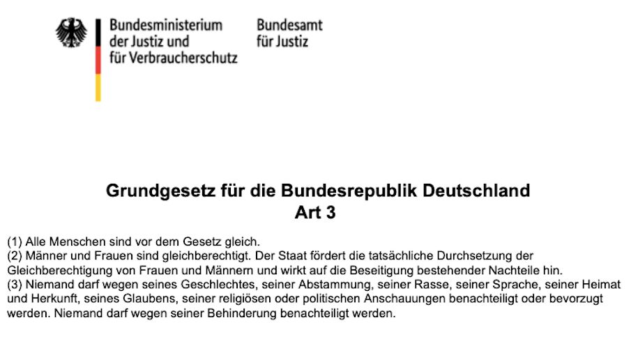 Screenshot: Gesetze im Internet. Grundgesetz für die Bundesrepublik Deutschland Art 3. Bundesministerium für Justiz und Verbraucherschutz/ Bundesamt für Justiz.
