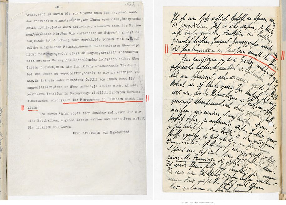 Abb. 1 und 2: Links: Digitalisat des Schreibmaschinenmanuskripts; Rechts: Digitalisat der Handschrift. Bundesarchiv (folgend: BArch) N 2329/1, Bl. 161v, 163. (rote Markierungen L.B.).