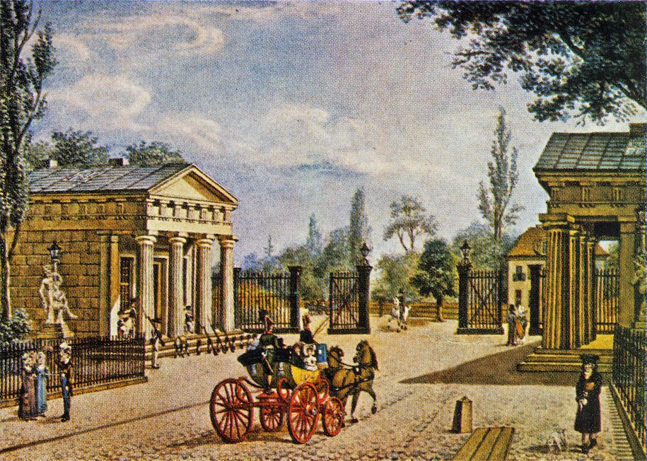 Das Potsdamer Tor in Berlin, circa 1824. Aquarell mit Federzeichnung. Wolfgang Schneider: Berlin. Gustav Kiepenheuer Verlag, Leipzig und Weimar 1983, S. 215. Quelle: Wikimedia Commons. Public Domain.