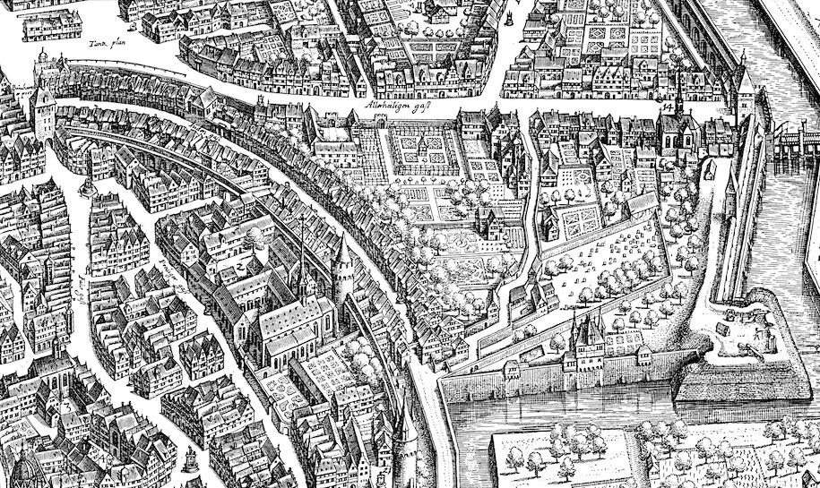 „Eingeschlossen zwischen der alten Staufenmauer und der hohen Ghetto-Mauer das Halbrund der Judengasse“, auf der großen Vogelschau von Matthäus Merian dem Älteren 1628. Quelle: Wikimedia Commons. Lizenz: Public Domain