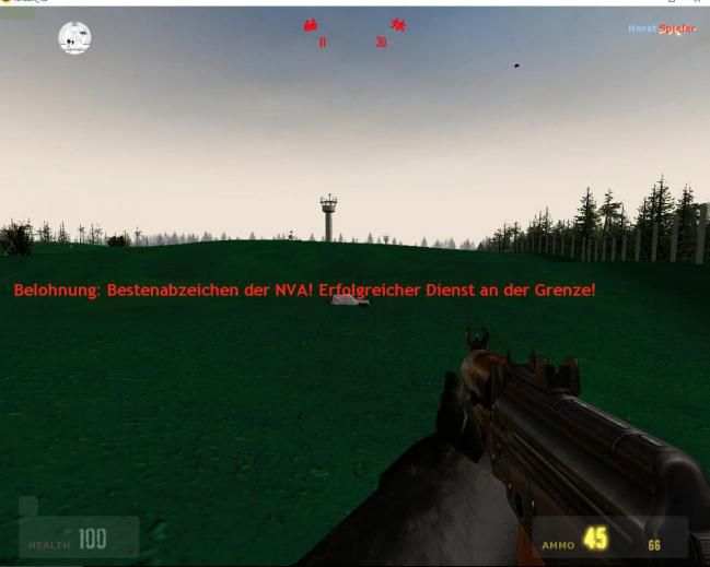 Abb. 3: Screenshot aus 1378(km). Soldaten bekommen das "Bestenabzeichen der NVA", wenn sie Grenzflüchtlinge erschossen haben. © Jens M. Stober/1378(km).