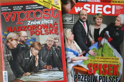 Abb. 1. Angela Merkel, Martin Schulz u.a. als Besatzer Polens. r. „Wprost“ 2016 Nr. 2, l. „W sieci“ 2016 Nr. 2. Mit freundlicher Genehmigung von Magdalena Saryusz-Wolska.