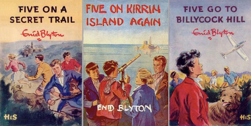 First Edition Buchcover der Famous Five Reihe (v.l.n.r.): Five on a secret trail, London 1956; Five On Kirrin Island Again, London 1947; Five go to Billycock Hill, London 1957. Quelle: Wikimedia Commons. Liznenz: Fair Use.