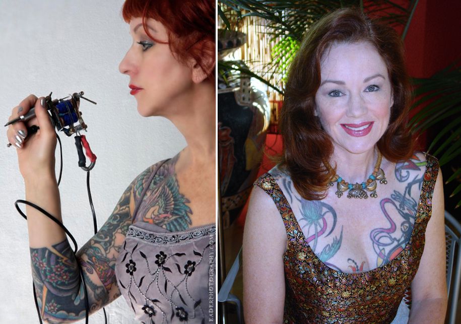 Zwei wichtige US-amerikanischen Pionierinnen der modernen Tätowierung: Vyvyn Lazonga (links), Quelle: Wikimedia Commons, Lizenz: CC-BY-SA-4.0 und Mary Jane Haake (rechts), Quelle: Wikimedia Commons, Lizenz: CC-BY-SA-3.0.