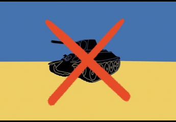 Die ukrainische Flagge mit einem durchgestrichenen Panzer