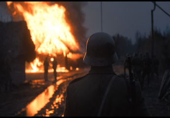 Eine Gruppe Soldaten und ein Soldat in Nahaufnahme von hinten in einer grauen Nacht stehen vor einem lichterloh brennenden Haus. Das Feuer reflektiert sich in den Pfützen