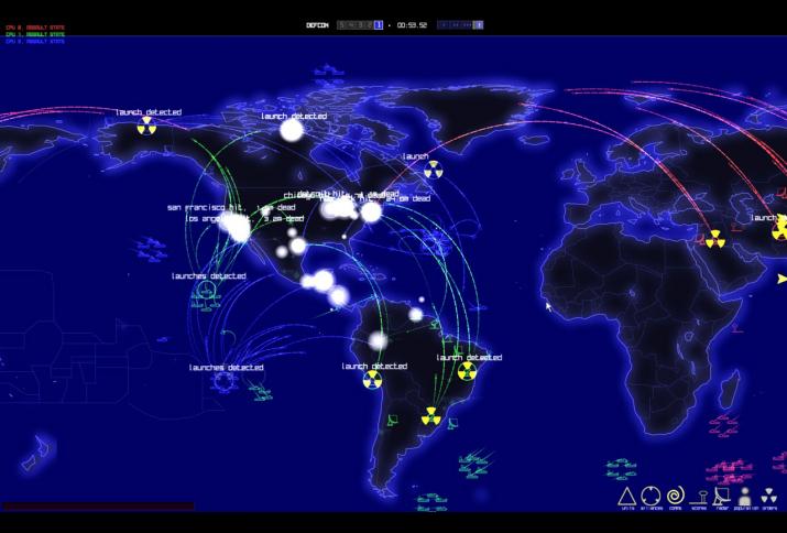 Weltkarte zeigt den Einsatz und die Entdeckung nuklearer Waffen. DEFCON (2006) - mit freundlicher Genehmigung © Introvision Software