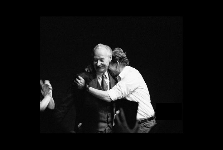 Václav Havel embraces Alexander Dubček at a meeting in the Laterna Magika theatre in Prague, at 24 November 1989. That same night the whole leadership of the Czechoslovak Communist Party resigns.