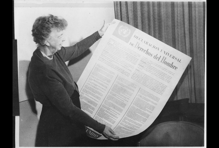 Eleanor Roosevelt and United Nations Universal Declaration of Human Rights in Spanish text