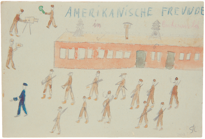 Amerikanische Freunde in Buchenwald, 1945, Zeichnung von Thomas Geve. © Yad Vashem 