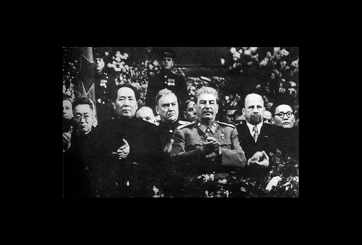 Mao at Stalin's side on a ceremony arranged for Stalin's 71th birthday in Moscow in December 1949. Behind between them is Marshal of the Soviet Union Nikolai Bulganin. on the right hand of Stalin is Walter Ulbricht of East Germany and at the edge Mongolia