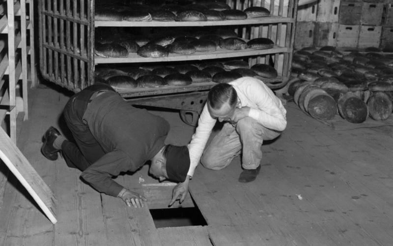 U.S. federal government, U.S. Lt. Robert R, Rogers, left, and Erich Pinkau, of the German criminal police, inspect the bakery and the hiding place of Leipke Distel, a member of Jewish revenge group Nakam, who had tried to poison loaves of bread for SS prisoners, 1946