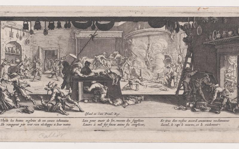 „Le Pillage d’une Ferme“ (Das Plündern einer Farm), Radierung, Platte 5 aus Les Misères et les Mal-Heures de la Guerre von Jacques Callot, 1633. Die Szene zeigt den Übergriff marodierender Soldaten auf eine bäuerliche Hofanlage. Neben der Plünderung macht Callot auch Formen geschlechtsspezifischer Gewalt sichtbar: Frauen werden gezielt bedroht, bedrängt und wirken in ihrer Schutzlosigkeit ausgeliefert, was die strukturelle Dimension sexualisierter Gewalt im Krieg offenlegt.