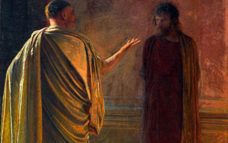 Jesus Christus steht vor Pontius Pilatus. "Was ist Wahrheit?" ist im Johannes-Evangelium die Antwort des Pontius Pilatus auf Jesu Aussage, er sei in die Welt gekommen, "dass ich für die Wahrheit Zeugnis ablege". Gemälde: Nikolai Ge, Was ist Wahrheit? Christus vor Pilatus, 1890, Öl auf Leinwand, Moskau, Tretjakow-Galerie, Public Domain, Wikimedia Commons.