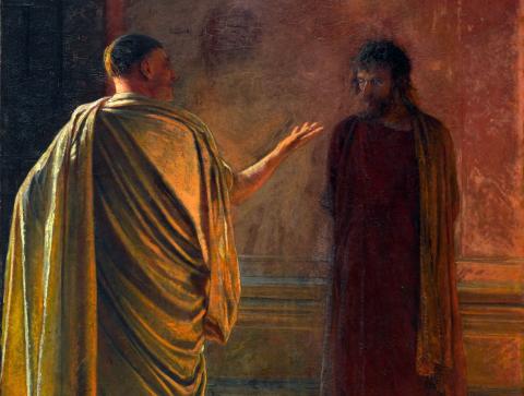Jesus Christus steht vor Pontius Pilatus. "Was ist Wahrheit?" ist im Johannes-Evangelium die Antwort des Pontius Pilatus auf Jesu Aussage, er sei in die Welt gekommen, "dass ich für die Wahrheit Zeugnis ablege". Gemälde: Nikolai Ge, Was ist Wahrheit? Christus vor Pilatus, 1890, Öl auf Leinwand, Moskau, Tretjakow-Galerie, Public Domain, Wikimedia Commons.