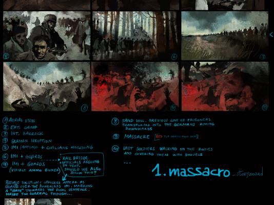 Ausschnitt vom Storyboard von Cosimo Miorelli zur Episode „Das Massaker“ © The Sand Mine/Cosimo Miorelli.