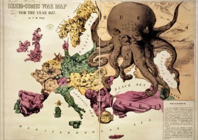 Political map of Europe in the year 1877 with Russia depicted as an Octopus