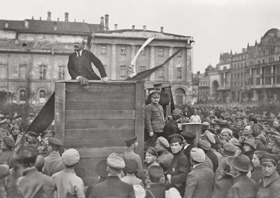 Vladimir Ilyych Lenin addresses Red Army troops headed for the Polish front at the Bolshoi Theatre in Moscow, 1920.