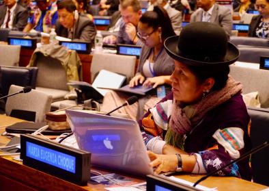 Maria Eugenia Choque Quispe, a member of the UN Permanent Forum on Indigenous Issues, speaks at the body's 2015 session