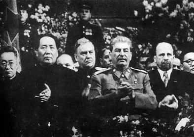 Mao at Stalin's side on a ceremony arranged for Stalin's 71th birthday in Moscow in December 1949. Behind between them is Marshal of the Soviet Union Nikolai Bulganin. on the right hand of Stalin is Walter Ulbricht of East Germany and at the edge Mongolia