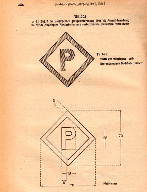 Richtlinien für Größe und Form des „P“-Abzeichens in der Anlage zu den Polen-Erlassen, Bundesarchiv, RGBl. I, S. 555-556