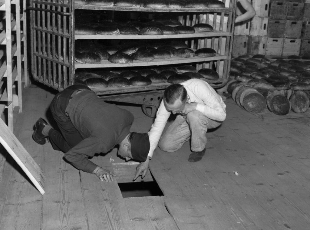 U.S. federal government, U.S. Lt. Robert R, Rogers, left, and Erich Pinkau, of the German criminal police, inspect the bakery and the hiding place of Leipke Distel, a member of Jewish revenge group Nakam, who had tried to poison loaves of bread for SS prisoners, 1946