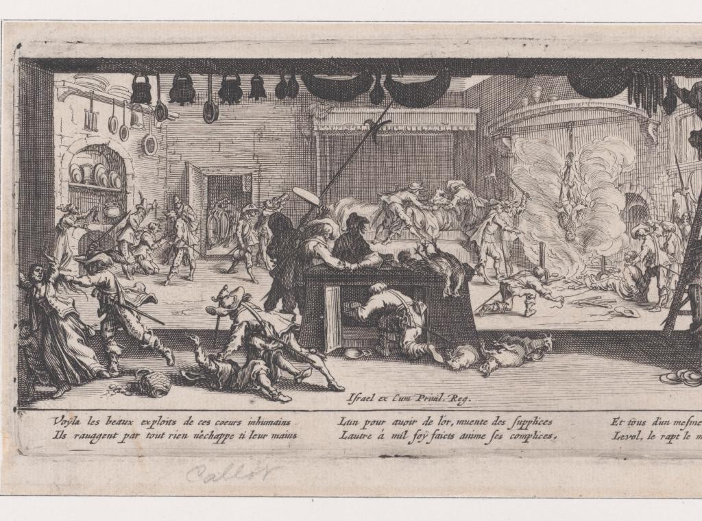 „Le Pillage d’une Ferme“ (Das Plündern einer Farm), Radierung, Platte 5 aus Les Misères et les Mal-Heures de la Guerre von Jacques Callot, 1633. Die Szene zeigt den Übergriff marodierender Soldaten auf eine bäuerliche Hofanlage. Neben der Plünderung macht Callot auch Formen geschlechtsspezifischer Gewalt sichtbar: Frauen werden gezielt bedroht, bedrängt und wirken in ihrer Schutzlosigkeit ausgeliefert, was die strukturelle Dimension sexualisierter Gewalt im Krieg offenlegt.