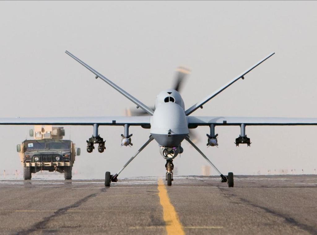 MQ-9 Reaper taxiing after a mission in Afghanistan, 1 October 2007. Photo by U.S. Air Force (Public Domain); Wikimedia Commons.