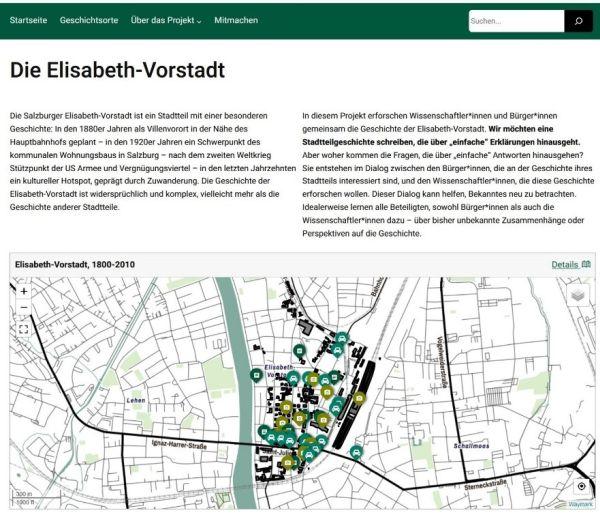Screenshot der Projekthomepage, www.elisabeth-vorstadt.stadtteilgeschichte.at.