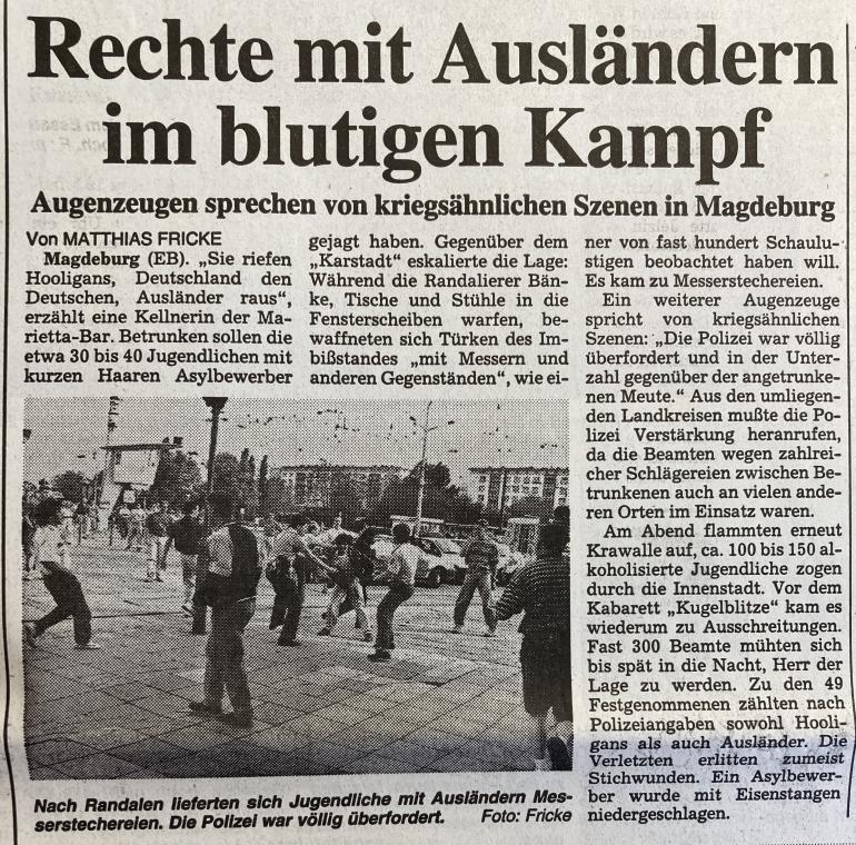 Reißerischer Titel. Artikel in der Magdeburger Volksstimme vom 13. Mai 1994, S. 3.