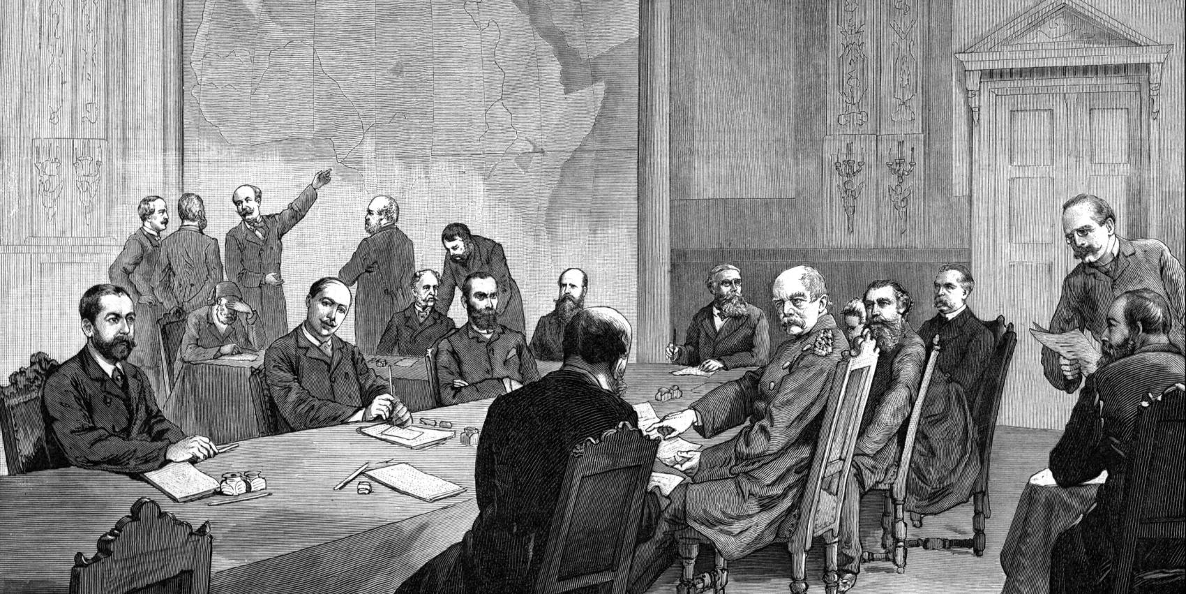 Zeichnung von Adalbert von Rößler der Teilnehmer der Kongokonferenz in 1884.