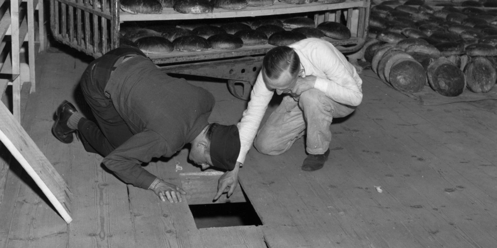 U.S. federal government, U.S. Lt. Robert R, Rogers, left, and Erich Pinkau, of the German criminal police, inspect the bakery and the hiding place of Leipke Distel, a member of Jewish revenge group Nakam, who had tried to poison loaves of bread for SS prisoners, 1946