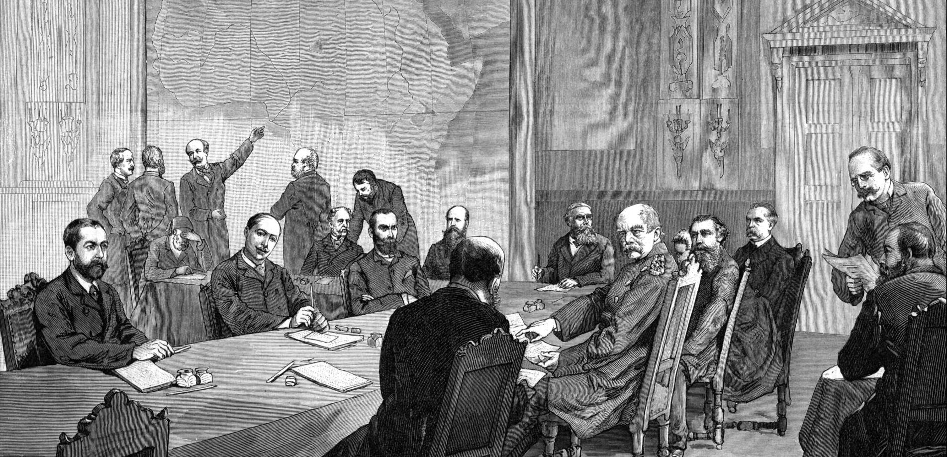 Zeichnung von Adalbert von Rößler der Teilnehmer der Kongokonferenz in 1884.