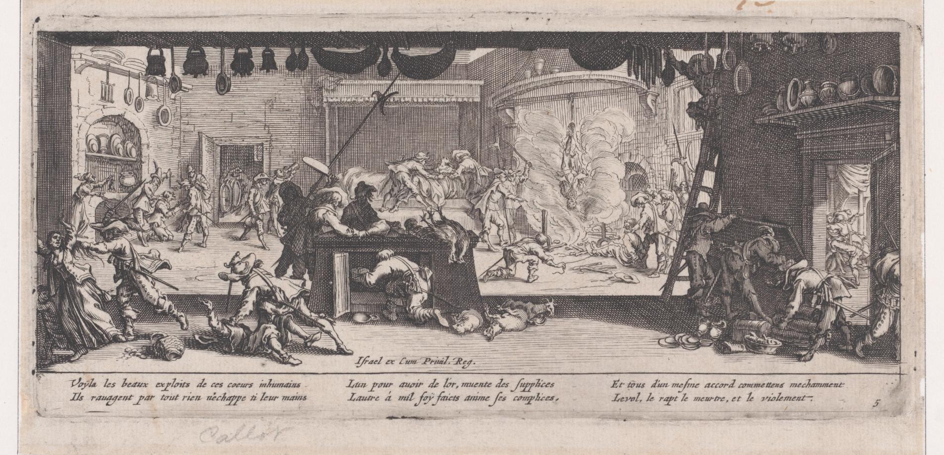 „Le Pillage d’une Ferme“ (Das Plündern einer Farm), Radierung, Platte 5 aus Les Misères et les Mal-Heures de la Guerre von Jacques Callot, 1633. Die Szene zeigt den Übergriff marodierender Soldaten auf eine bäuerliche Hofanlage. Neben der Plünderung macht Callot auch Formen geschlechtsspezifischer Gewalt sichtbar: Frauen werden gezielt bedroht, bedrängt und wirken in ihrer Schutzlosigkeit ausgeliefert, was die strukturelle Dimension sexualisierter Gewalt im Krieg offenlegt.