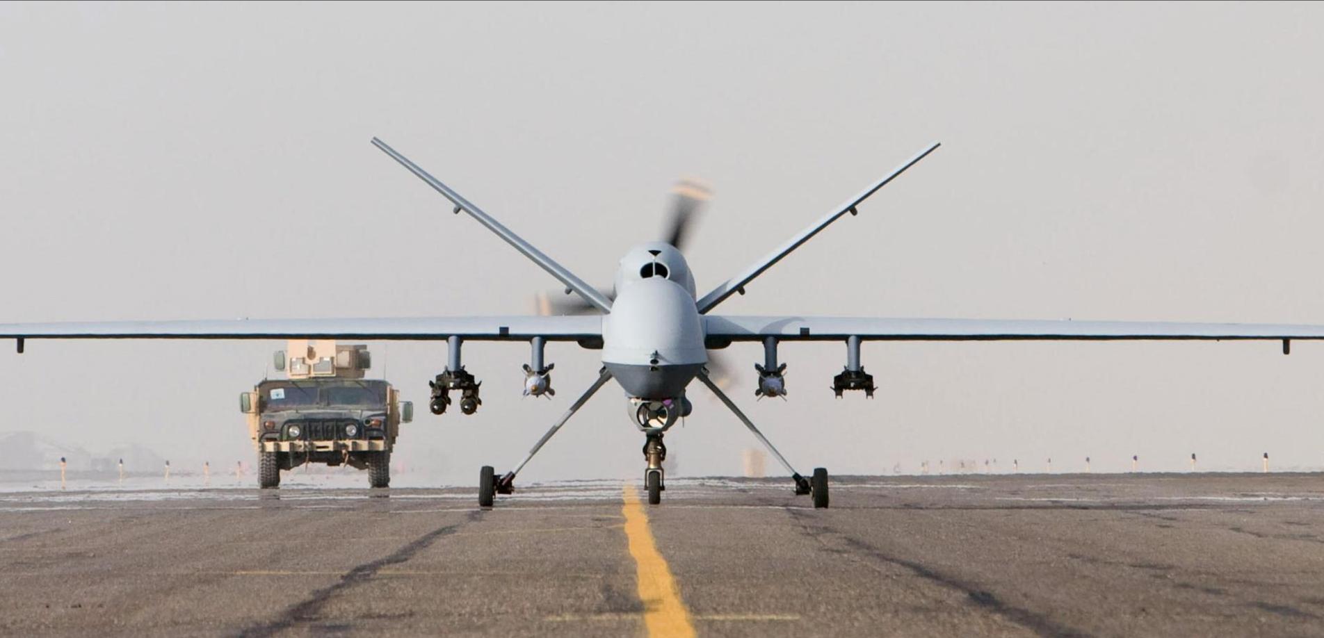 MQ-9 Reaper taxiing after a mission in Afghanistan, 1 October 2007. Photo by U.S. Air Force (Public Domain); Wikimedia Commons.
