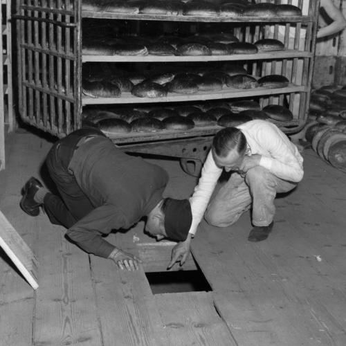 U.S. federal government, U.S. Lt. Robert R, Rogers, left, and Erich Pinkau, of the German criminal police, inspect the bakery and the hiding place of Leipke Distel, a member of Jewish revenge group Nakam, who had tried to poison loaves of bread for SS prisoners, 1946