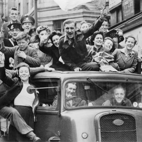 Ve Day Celebrations in London, 8 May 1945, A truck of revellers passing through the Strand, London