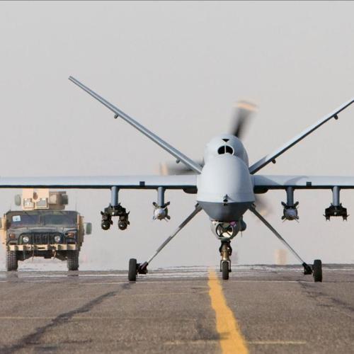 MQ-9 Reaper taxiing after a mission in Afghanistan, 1 October 2007. Photo by U.S. Air Force (Public Domain); Wikimedia Commons.