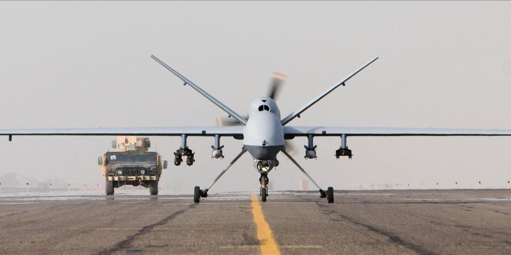 MQ-9 Reaper taxiing after a mission in Afghanistan, 1 October 2007. Photo by U.S. Air Force (Public Domain); Wikimedia Commons.