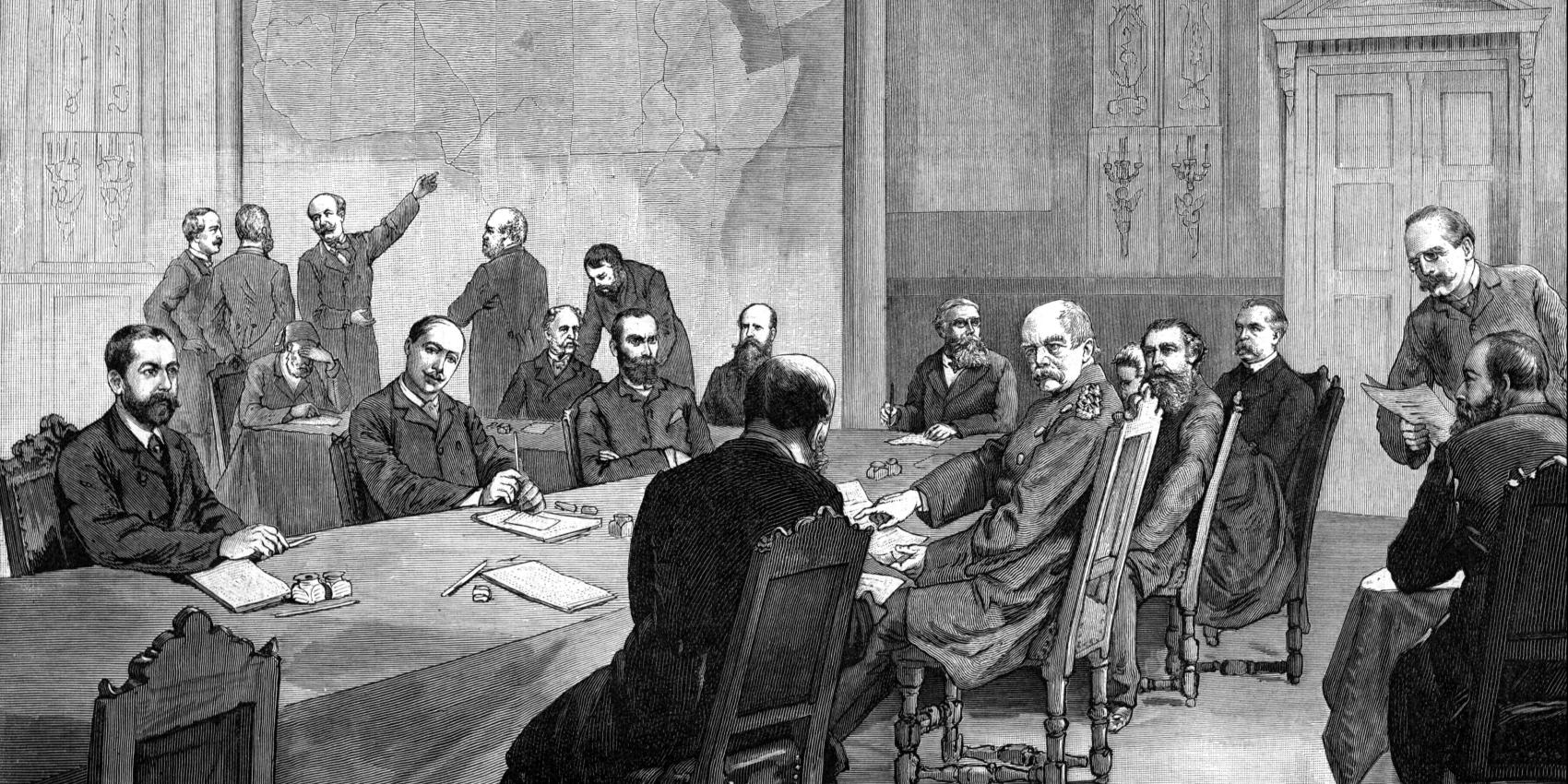 Zeichnung von Adalbert von Rößler der Teilnehmer der Kongokonferenz in 1884.