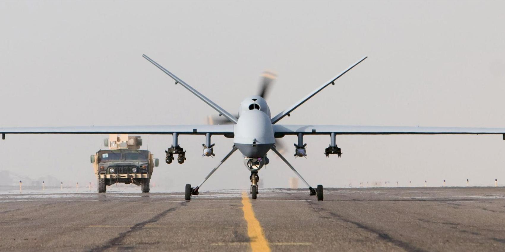 MQ-9 Reaper taxiing after a mission in Afghanistan, 1 October 2007. Photo by U.S. Air Force (Public Domain); Wikimedia Commons.