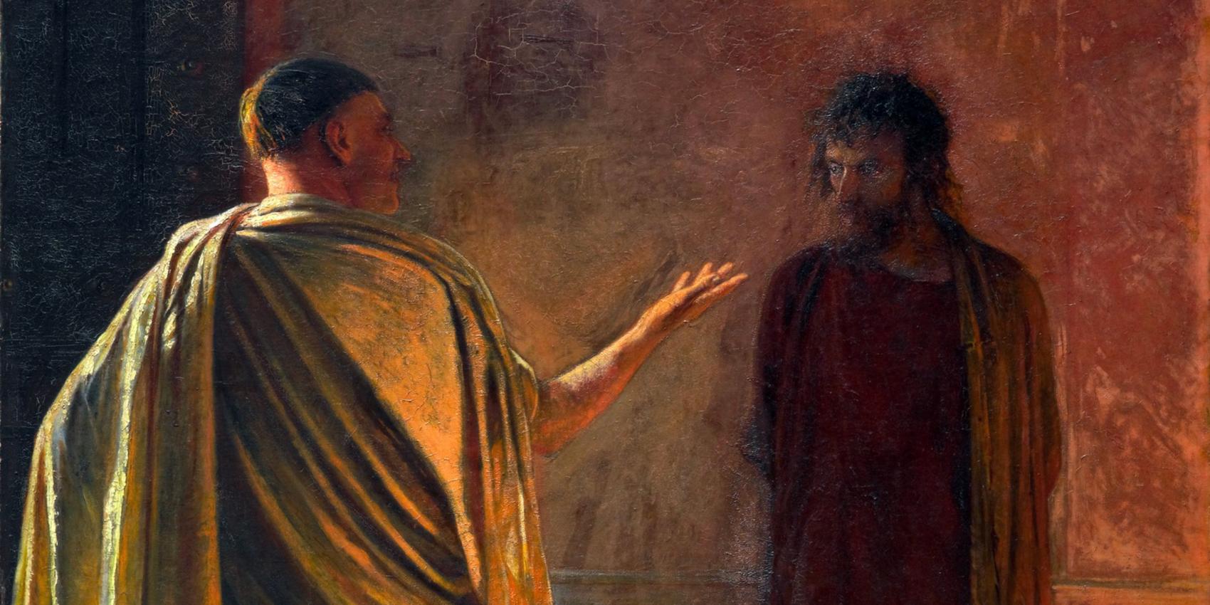 Jesus Christus steht vor Pontius Pilatus. "Was ist Wahrheit?" ist im Johannes-Evangelium die Antwort des Pontius Pilatus auf Jesu Aussage, er sei in die Welt gekommen, "dass ich für die Wahrheit Zeugnis ablege". Gemälde: Nikolai Ge, Was ist Wahrheit? Christus vor Pilatus, 1890, Öl auf Leinwand, Moskau, Tretjakow-Galerie, Public Domain, Wikimedia Commons.