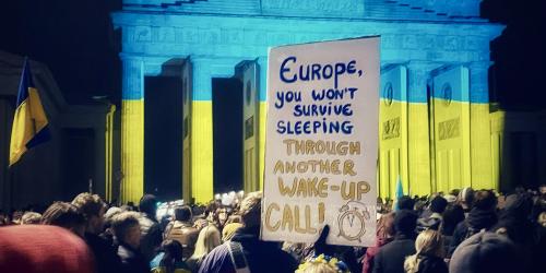 Berlin, 24. Februar 2025. Demonstration „Wählt die Ukraine“ anlässlich des dritten Jahrestags der russischen Vollinvasion. Foto: S. Eisenhuth.