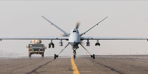 MQ-9 Reaper taxiing after a mission in Afghanistan, 1 October 2007. Photo by U.S. Air Force (Public Domain); Wikimedia Commons.