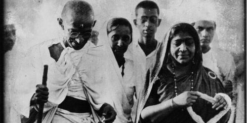 Gandhi and Mrs Sarojini Naidu. Picture taken during the Salt March.