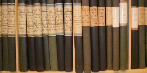Regale mit Aktenordnern aus dem Ersten Weltkrieg im öffentlichen Archiv des Internationalen Komitees vom Roten Kreuz (IKRK) in dessen Hauptsitz in Genf, Schweiz.