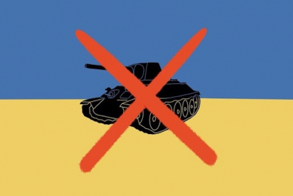 Die ukrainische Flagge mit einem durchgestrichenen Panzer