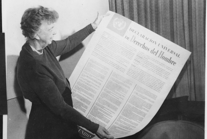 Eleanor Roosevelt and United Nations Universal Declaration of Human Rights in Spanish text